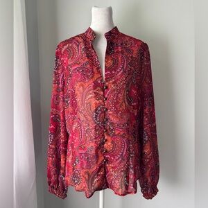 NWOT New York & Company Red Paisley Print Relaxed Fit Long Sleeve Sheer Blouse